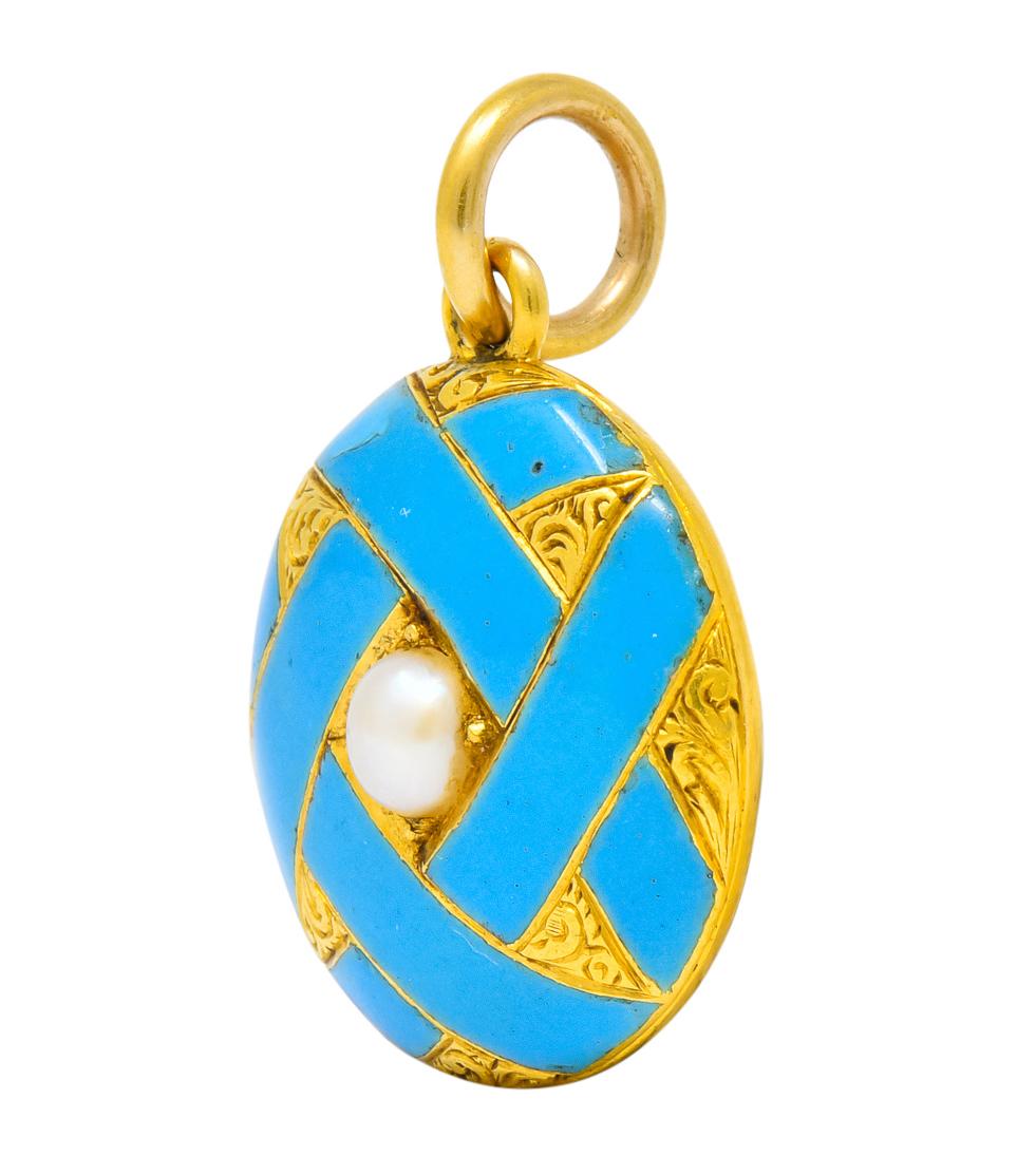 Victorian Natural Pearl 14 Karat Gold Turquoise Enamel Hair Pendant Locket, 1870 In Excellent Condition In Philadelphia, PA