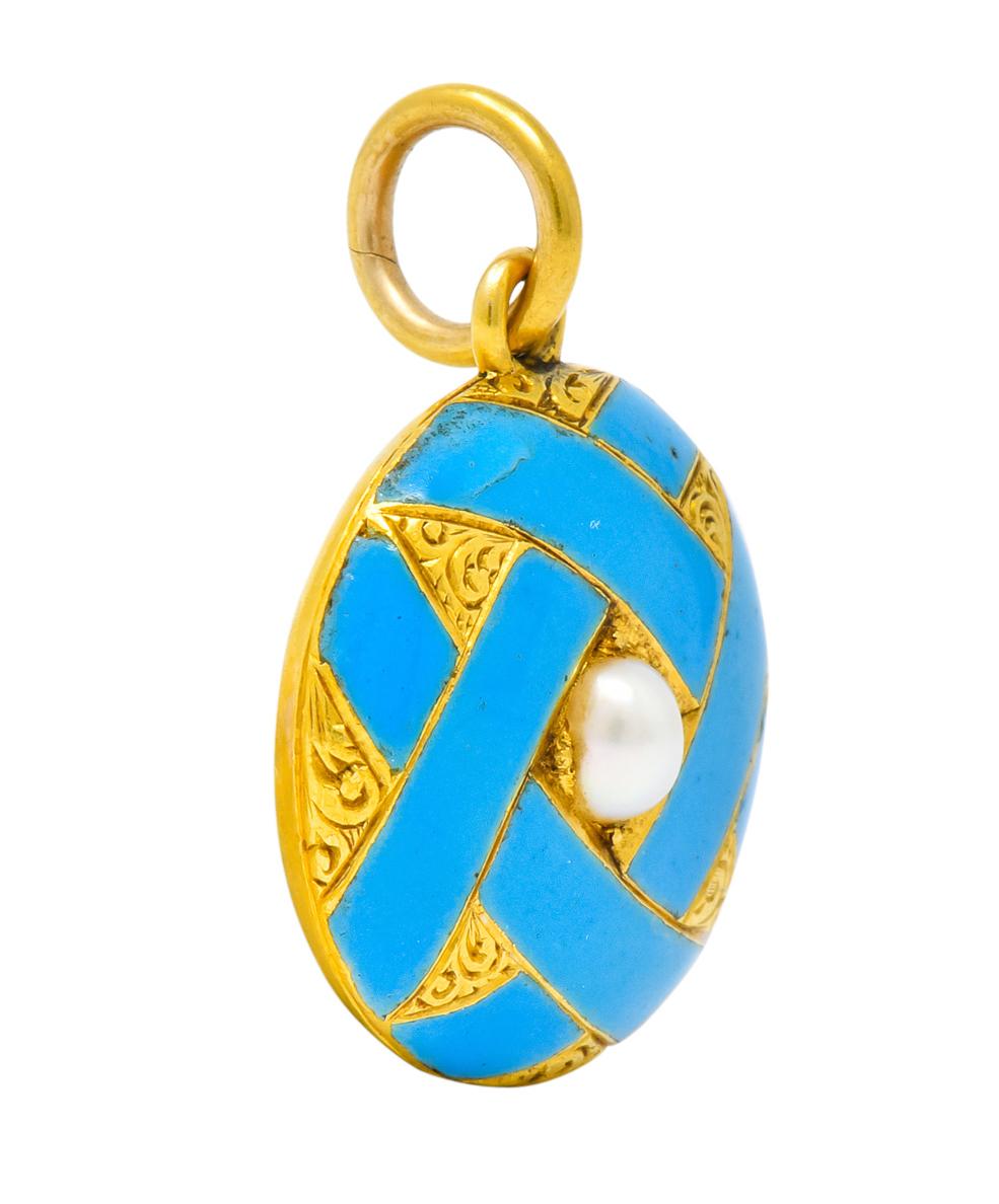 Women's or Men's Victorian Natural Pearl 14 Karat Gold Turquoise Enamel Hair Pendant Locket, 1870