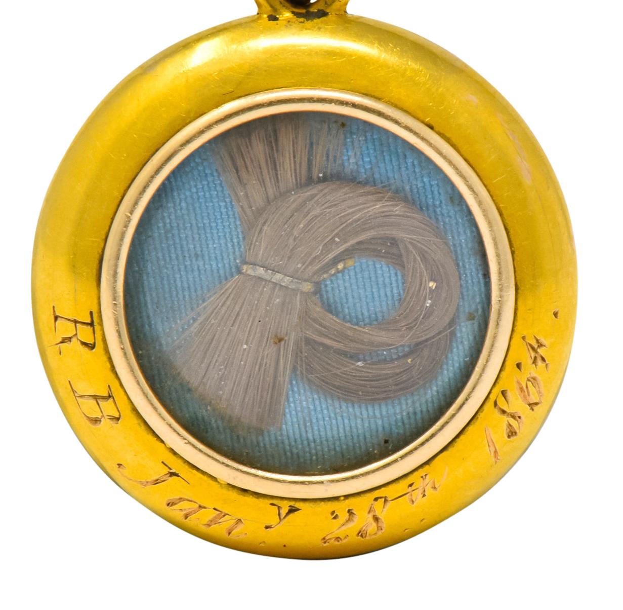 Victorian Natural Pearl 14 Karat Gold Turquoise Enamel Hair Pendant Locket, 1870 1