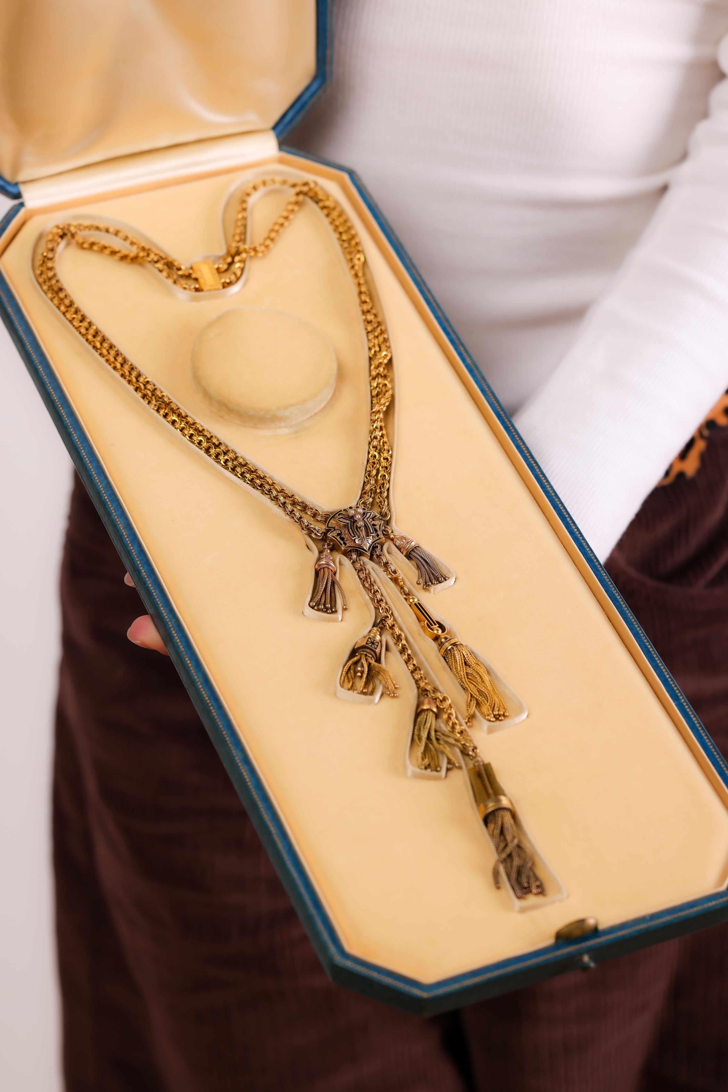 Women's or Men's Victorian natural pearl 14k yellow gold enamel tassel necklace