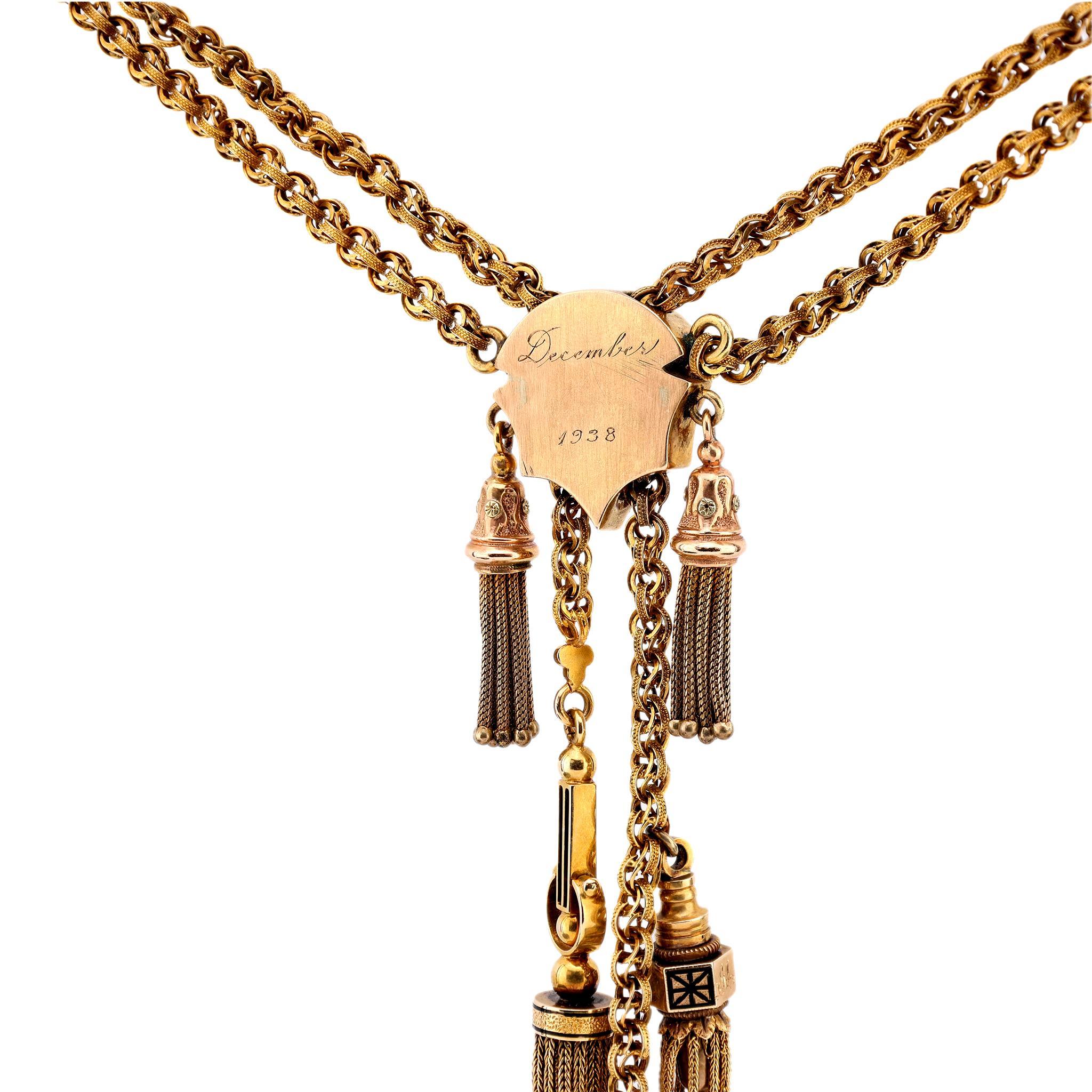 Victorian natural pearl 14k yellow gold enamel tassel necklace 1