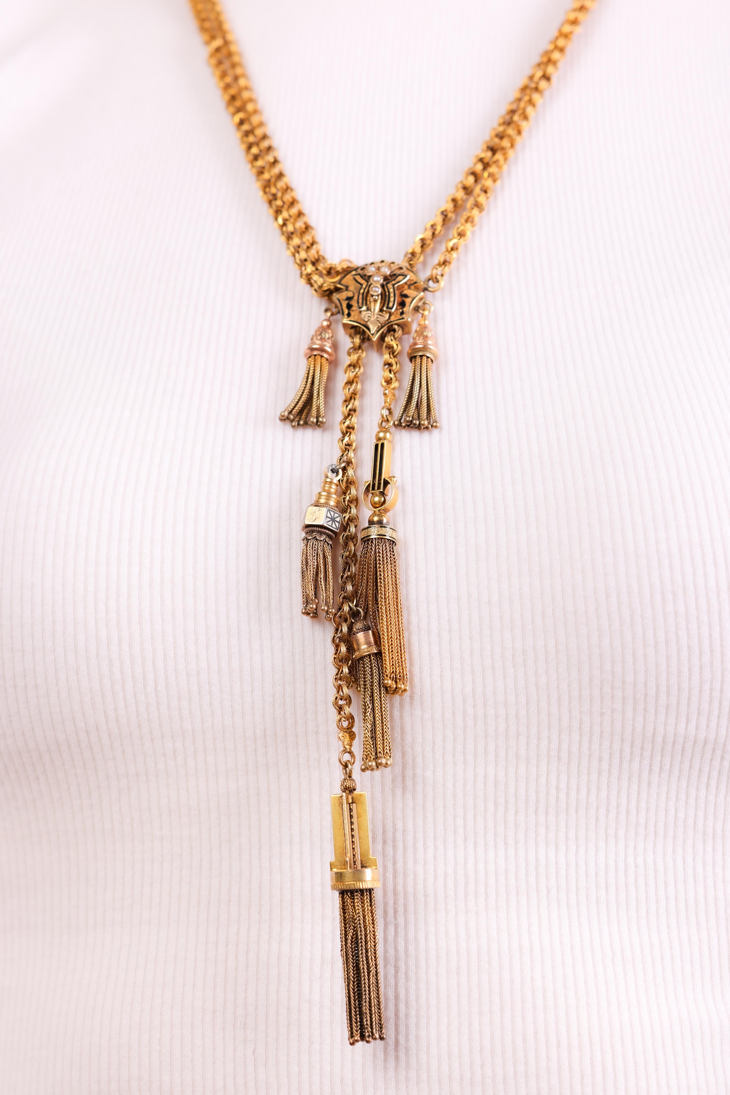Victorian natural pearl 14k yellow gold enamel tassel necklace 3