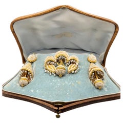 Victorian Natural Pearl 18 Karat Gold Brooch and Earring Set