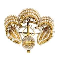 viktorianische Naturperlen-Brosche und Ohrring-Set aus 18 Karat Gold