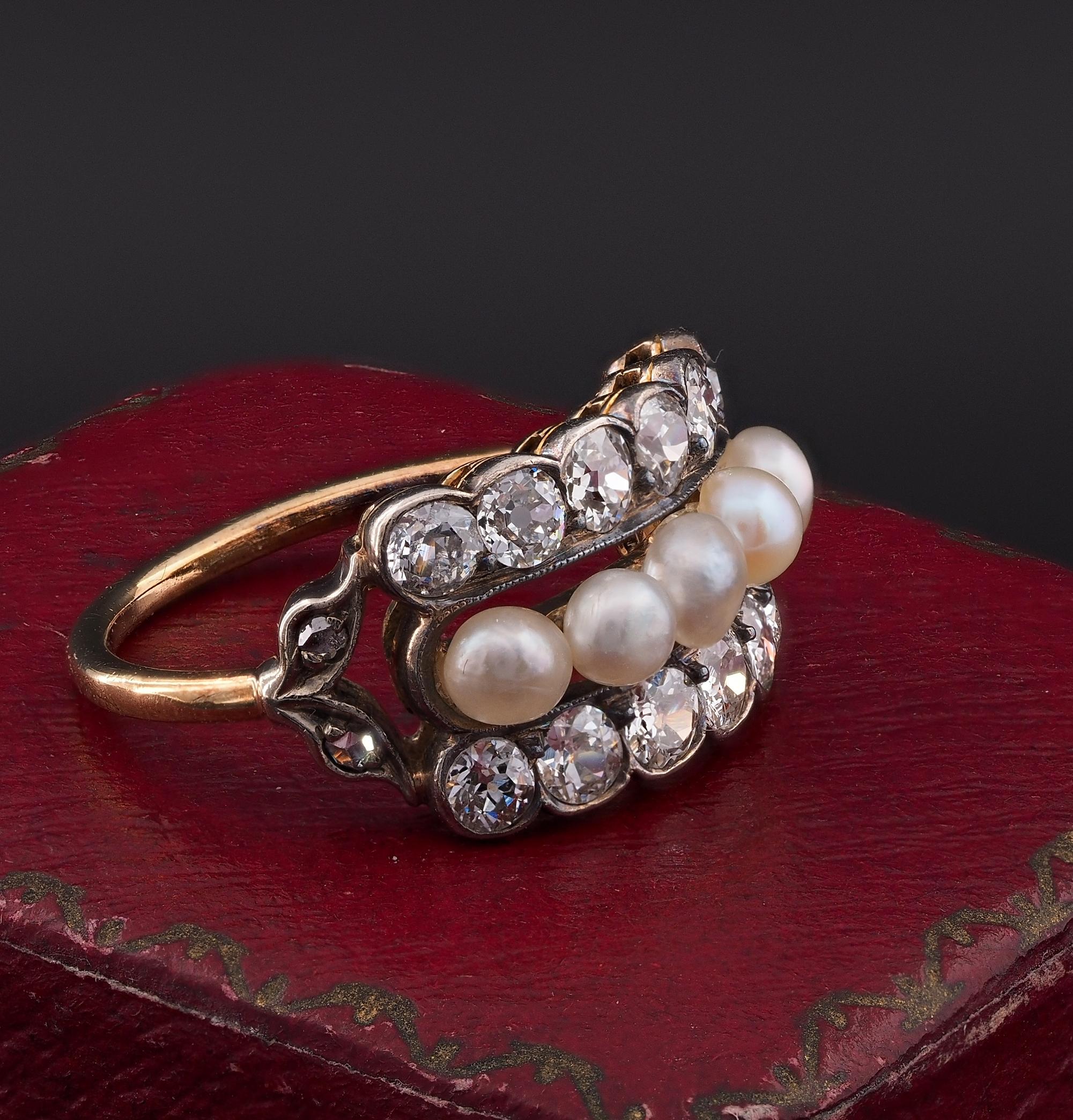 Victorian Natural Pearl 1.90 Ct. Old Mine Diamond Ring In Good Condition For Sale In Napoli, IT