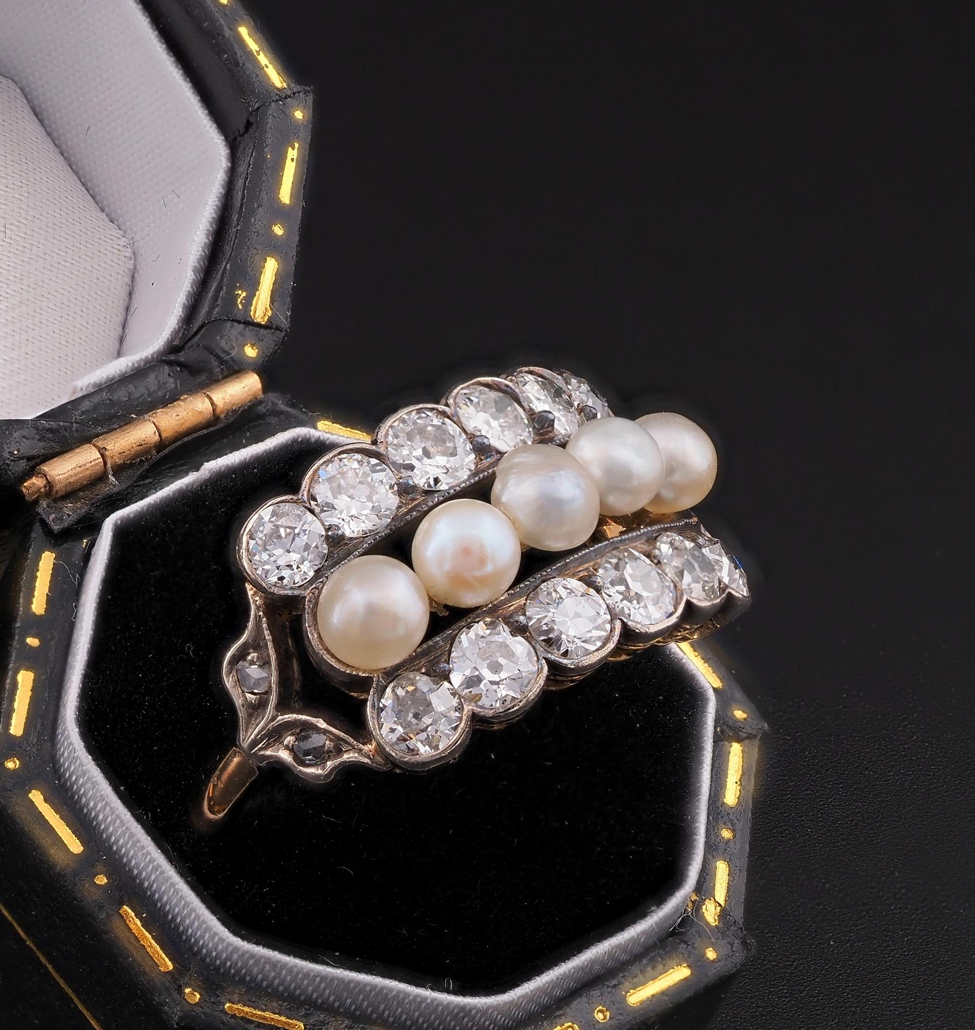 Women's Victorian Natural Pearl 1.90 Ct. Old Mine Diamond Ring For Sale
