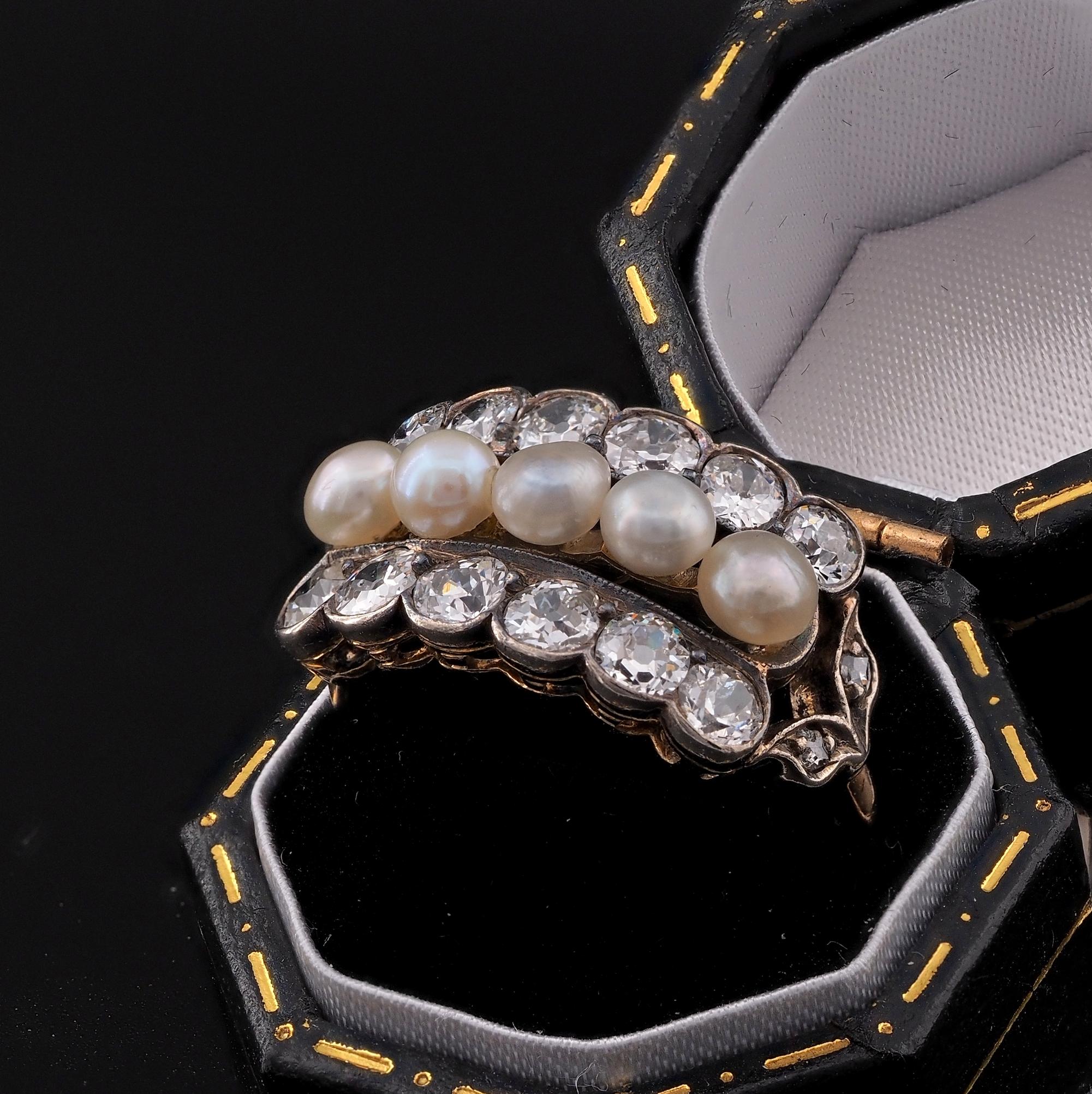Victorian Natural Pearl 1.90 Ct. Old Mine Diamond Ring For Sale 2