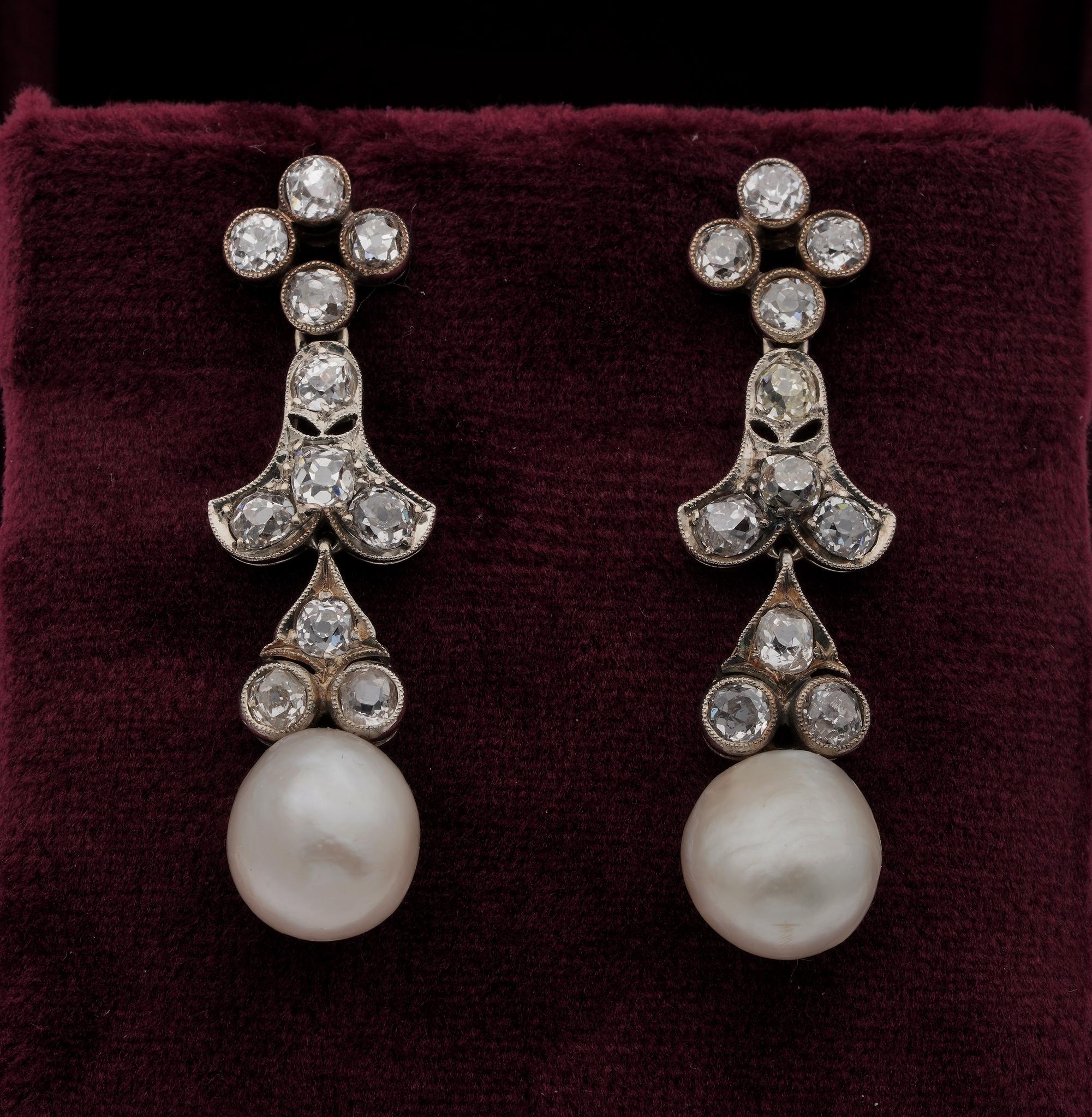 Natural pearls are one of the rarest of gems sought after for their rarity and beauty
Timeless Victorian period Diamond and Pearl earrings, epitome of eternal elegance, hand crafted during the time of 18 Kt solid gold
Superb in design comprising 22