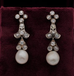 Pendientes colgantes victorianos de oro de 18 quilates con perlas y diamantes de 2,40 quilates, de alrededor de 1880