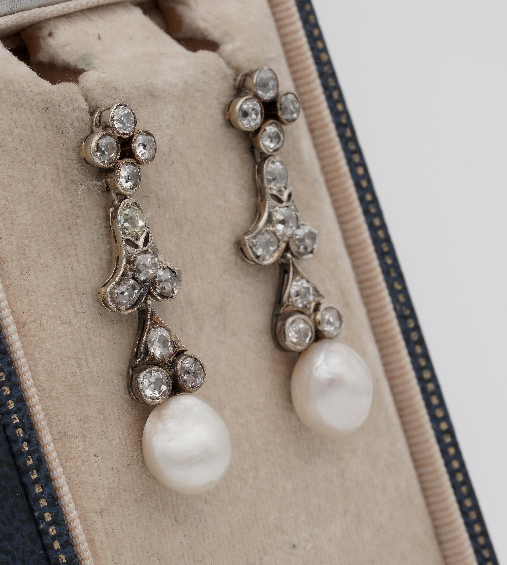 Old Mine Cut Victorian Natural Pearl 2.40 Ct Diamond Drop Earrings For Sale