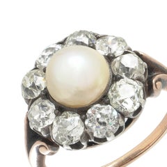 Victorian Natural Pearl & 2.70ct Old European Cut Diamond Cluster Ring 18KT Gold