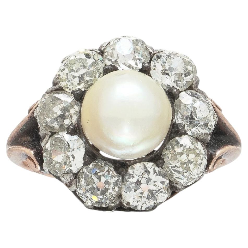 Victorian Natural Pearl & 2.70ct Old European Cut Diamond Cluster Ring 18KT Gold