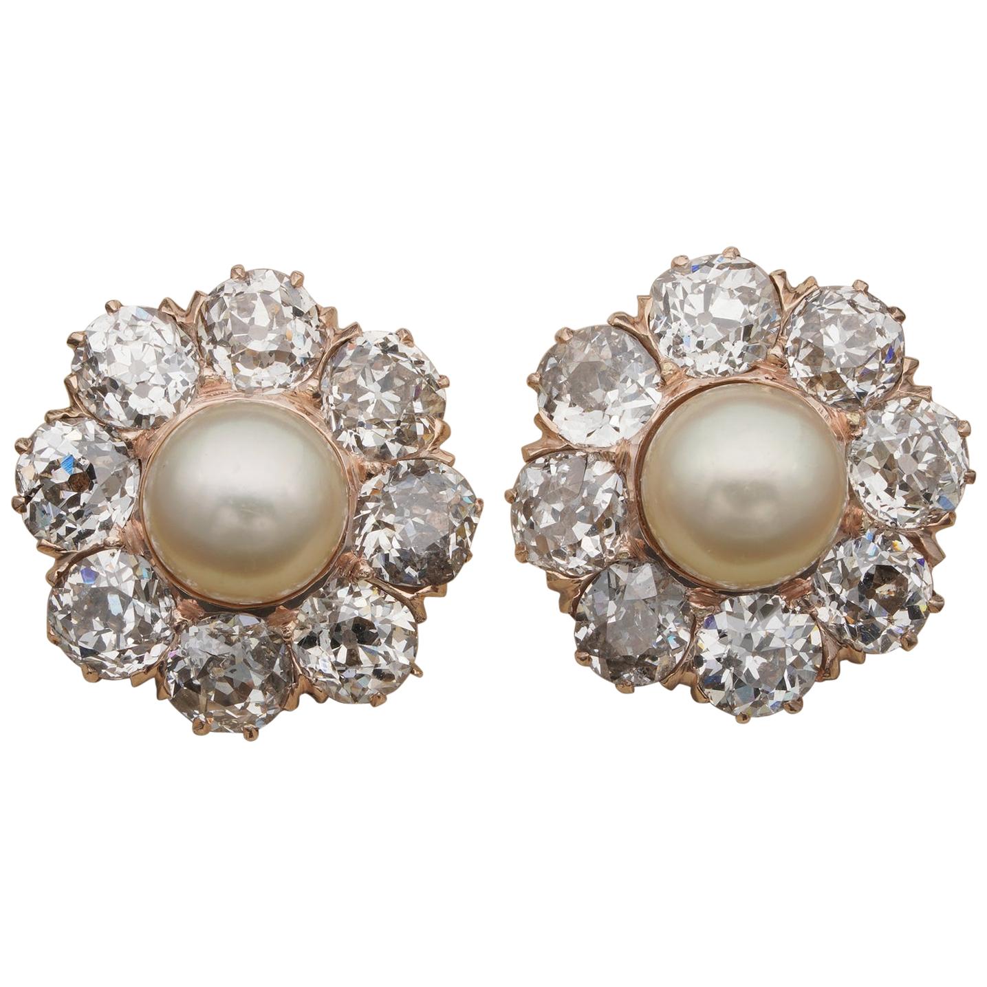Victorian Natural Pearl 4.80 Carat Old Cut Diamond Earrings For Sale