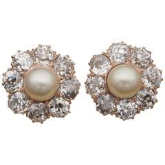 Antique Victorian Natural Pearl 4.80 Carat Old Cut Diamond Earrings