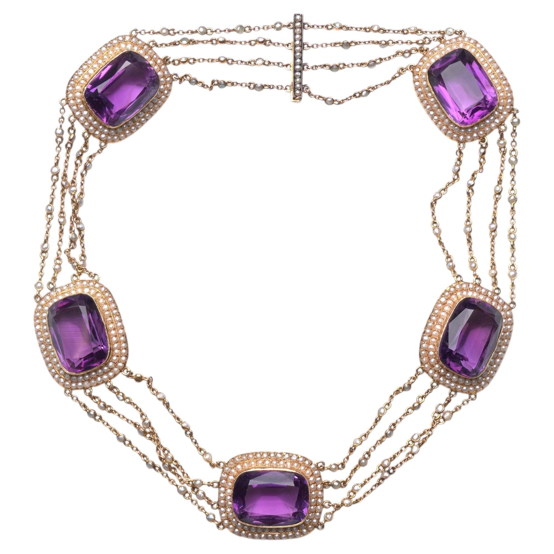 Victorian Natural Pearl and Amethyst Necklace in 14kt Gold
