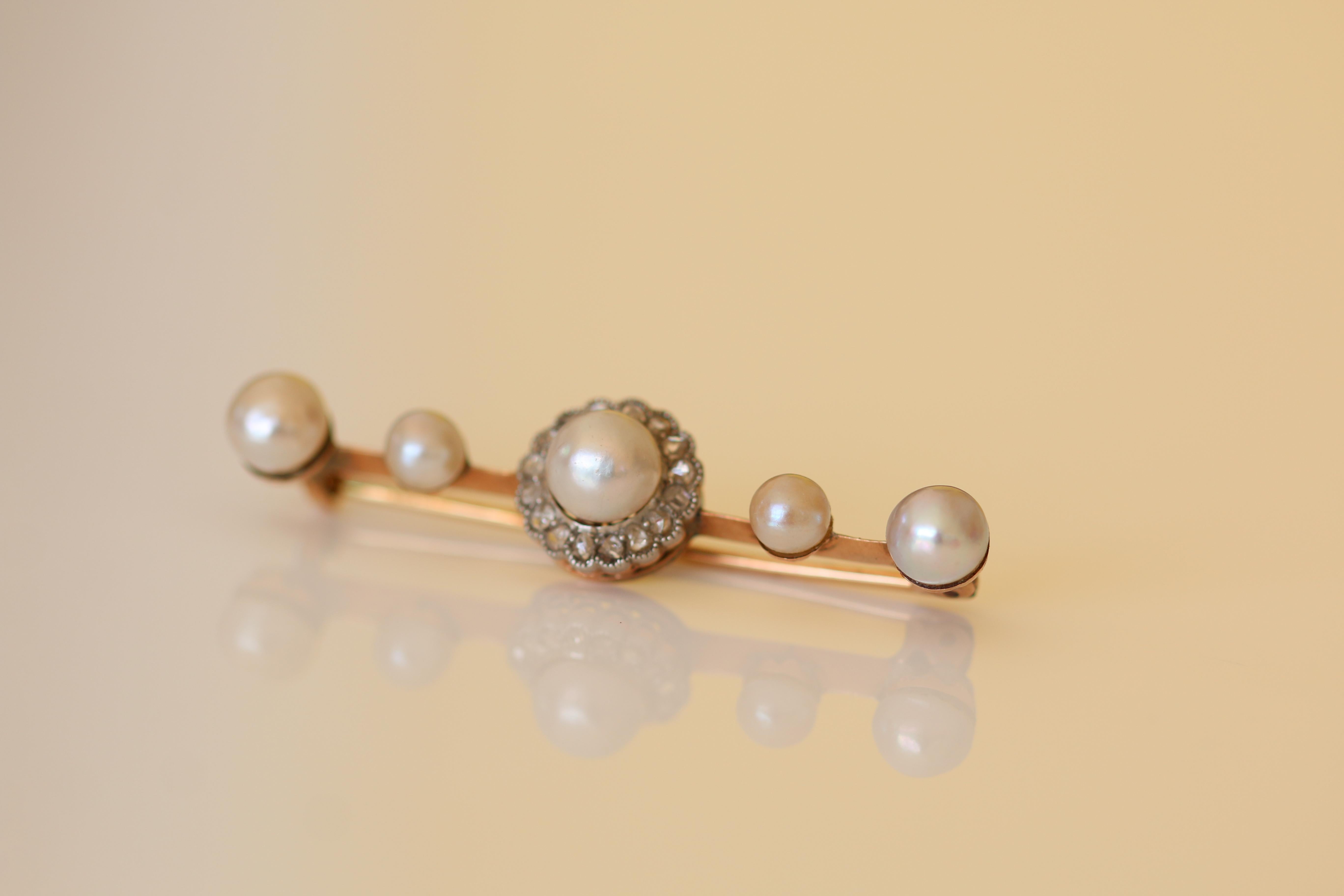 Women's or Men's Victorian Natural Pearl and Diamond Bar Brooch For Sale