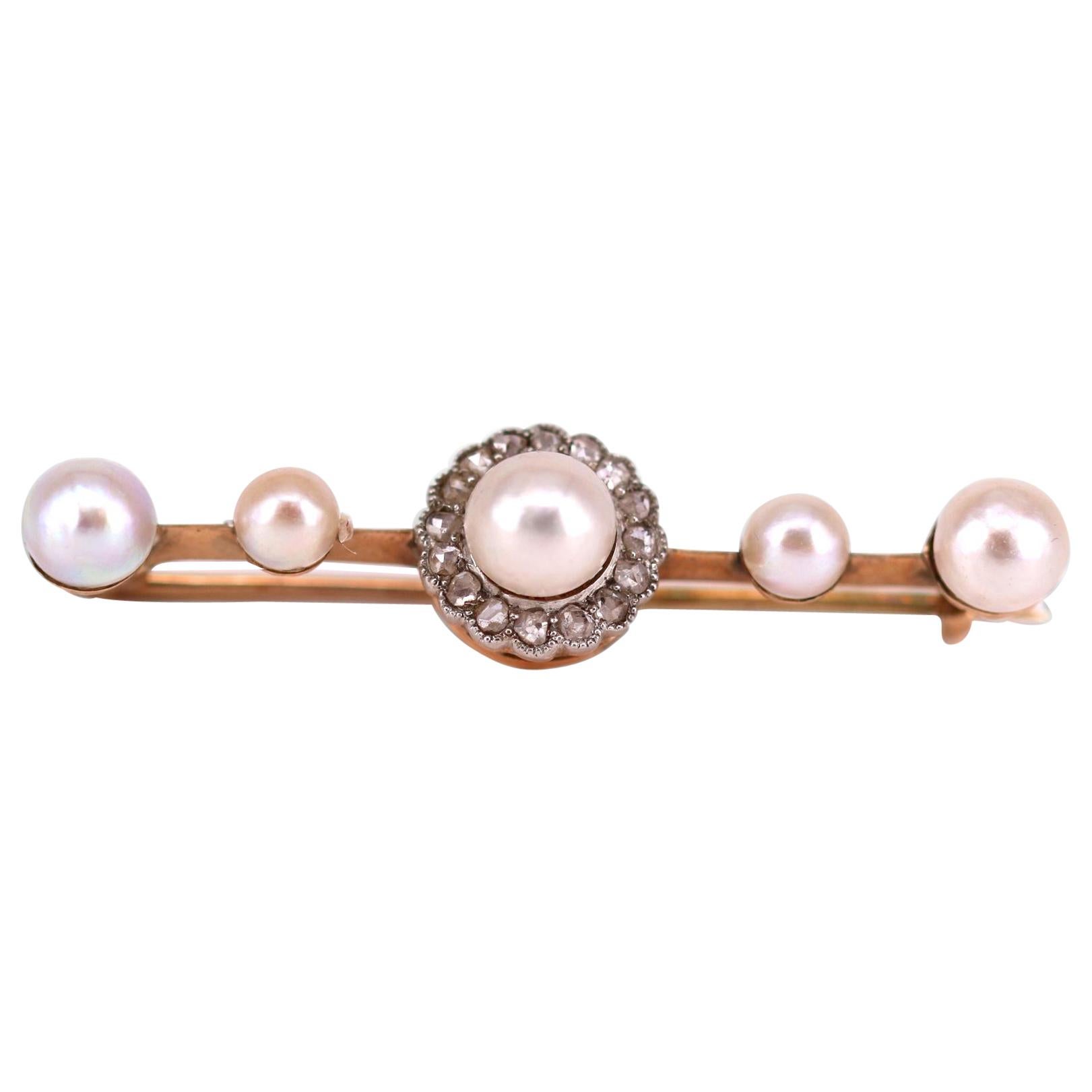 Victorian Natural Pearl and Diamond Bar Brooch For Sale