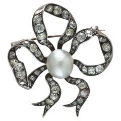 Victorian Natural Pearl and Diamond Bow Brooch