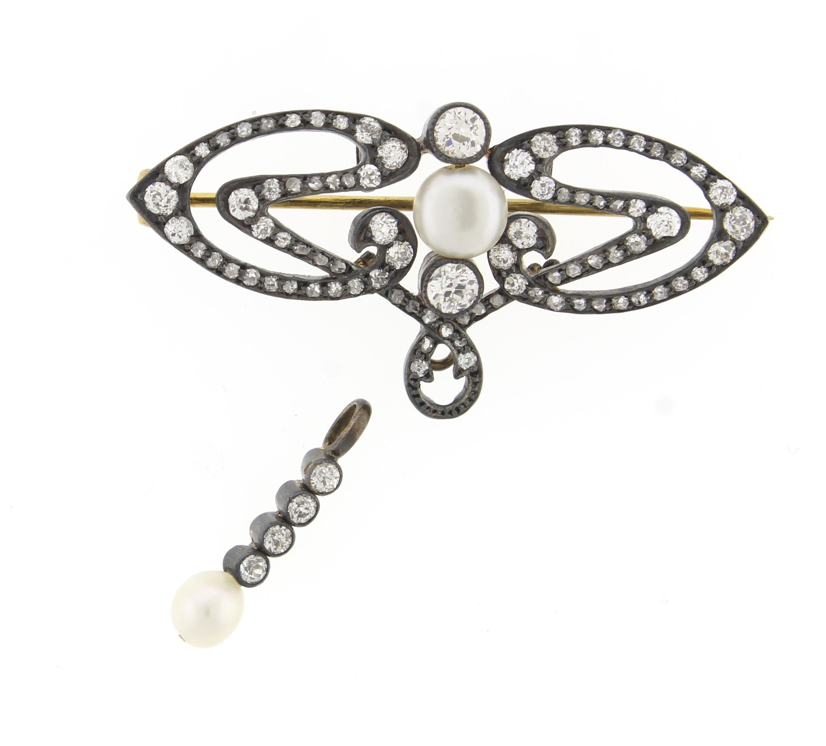 Round Cut Victorian Natural Pearl and Diamond Brooch