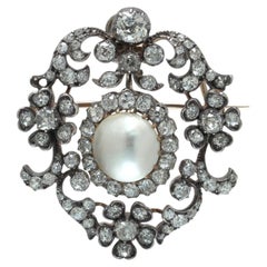 Victorian Natural Pearl and Diamond Brooch Pendant