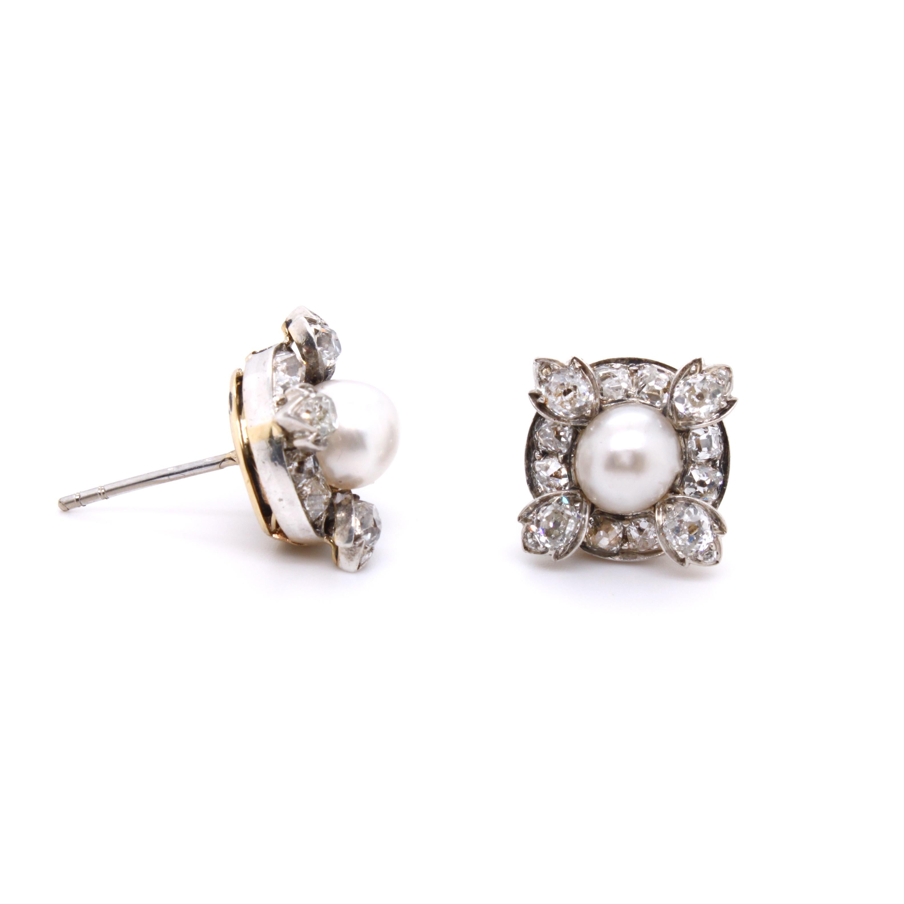 Old Mine Cut Victorian Natural Pearl and Diamond Cluster Earrings, circa 1880s