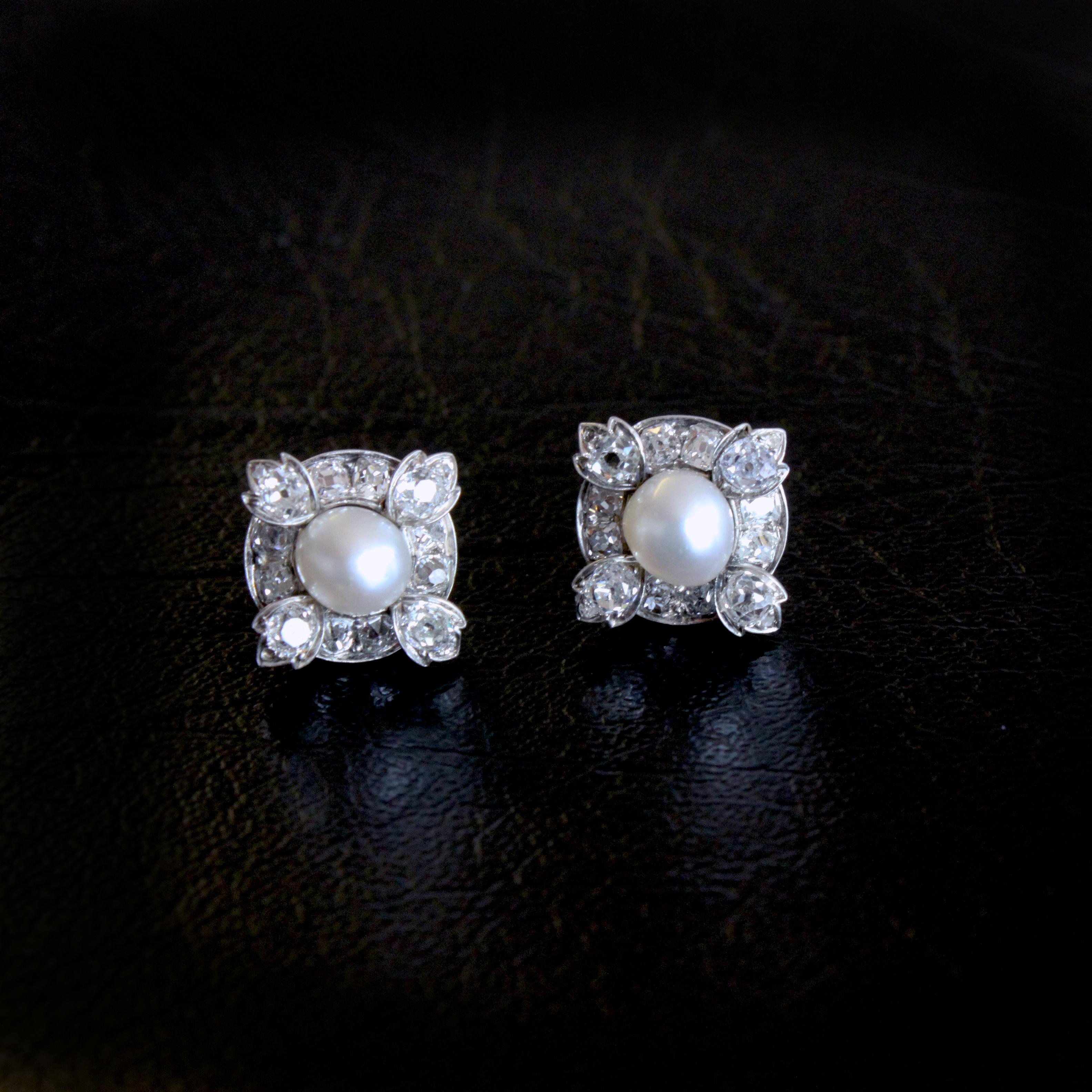Victorian Natural Pearl and Diamond Cluster Earrings, circa 1880s 1