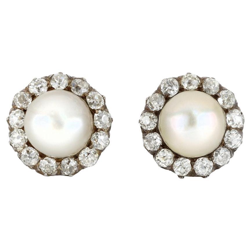 Victorian Natural Pearl and Diamond Cluster Earrings, circa 1880 For Sale