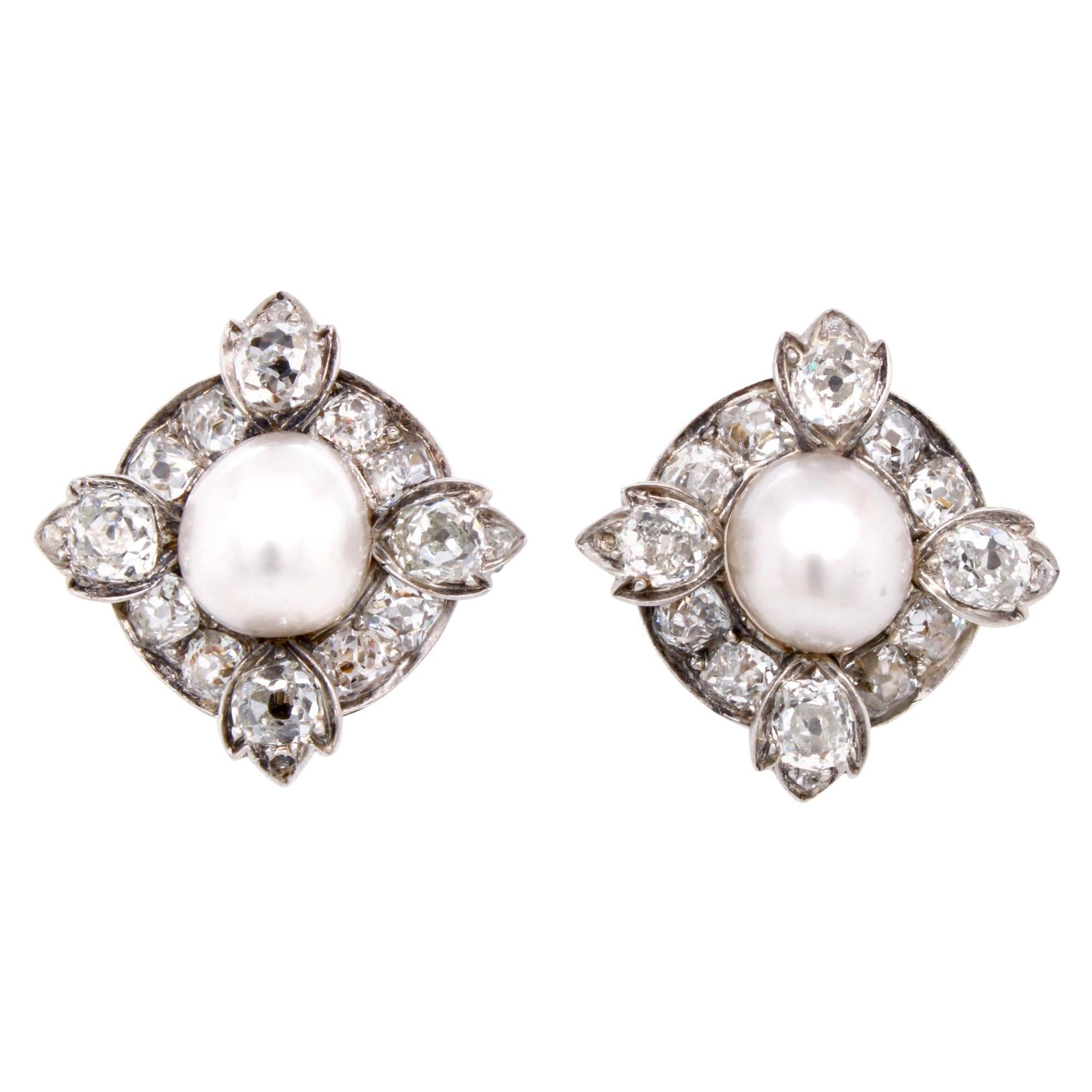 Victorian Natural Pearl and Diamond Cluster Earrings, circa 1880s