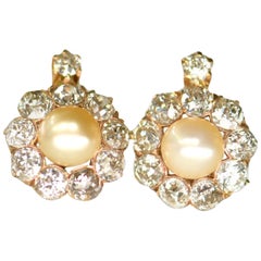 Victorian Natural Pearl and Diamond Cluster Earrings