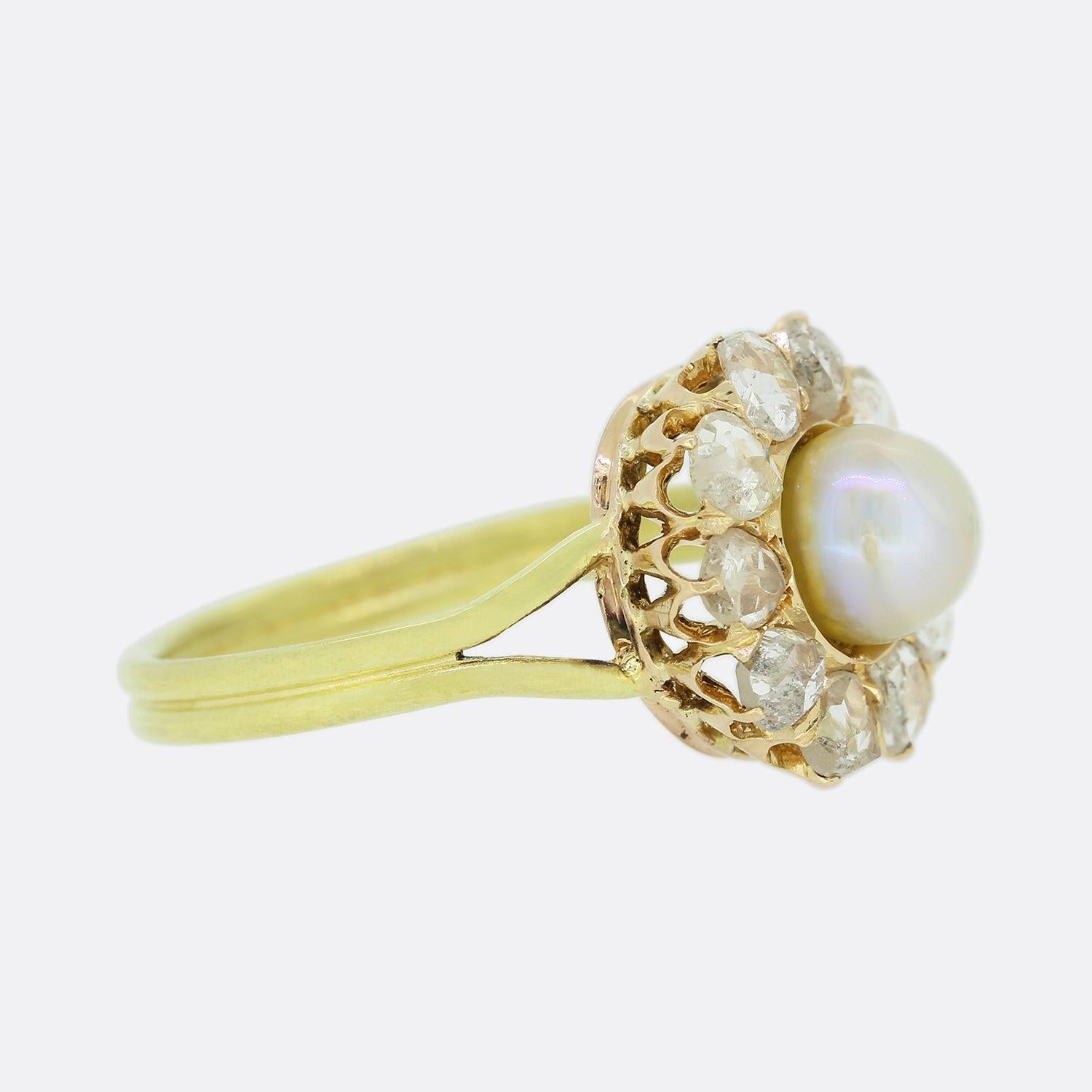 Rose Cut Victorian Natural Pearl and Diamond Cluster Ring For Sale