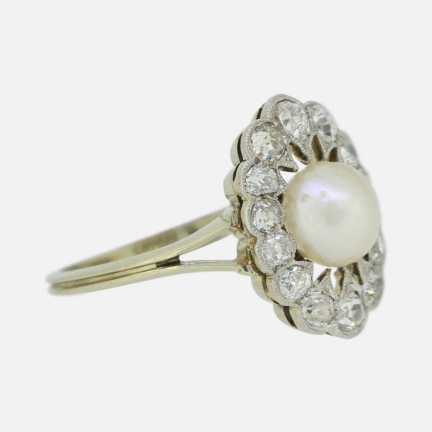Round Cut Victorian Natural Pearl and Diamond Cluster Ring For Sale