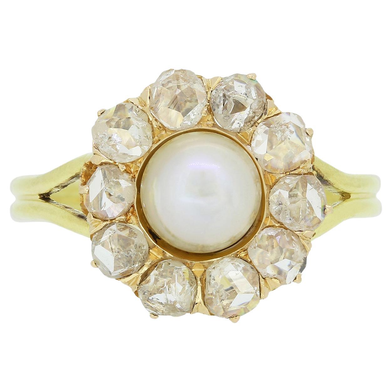 Victorian Natural Pearl and Diamond Cluster Ring For Sale