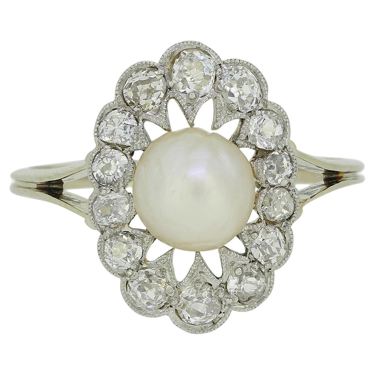 Victorian Natural Pearl and Diamond Cluster Ring For Sale
