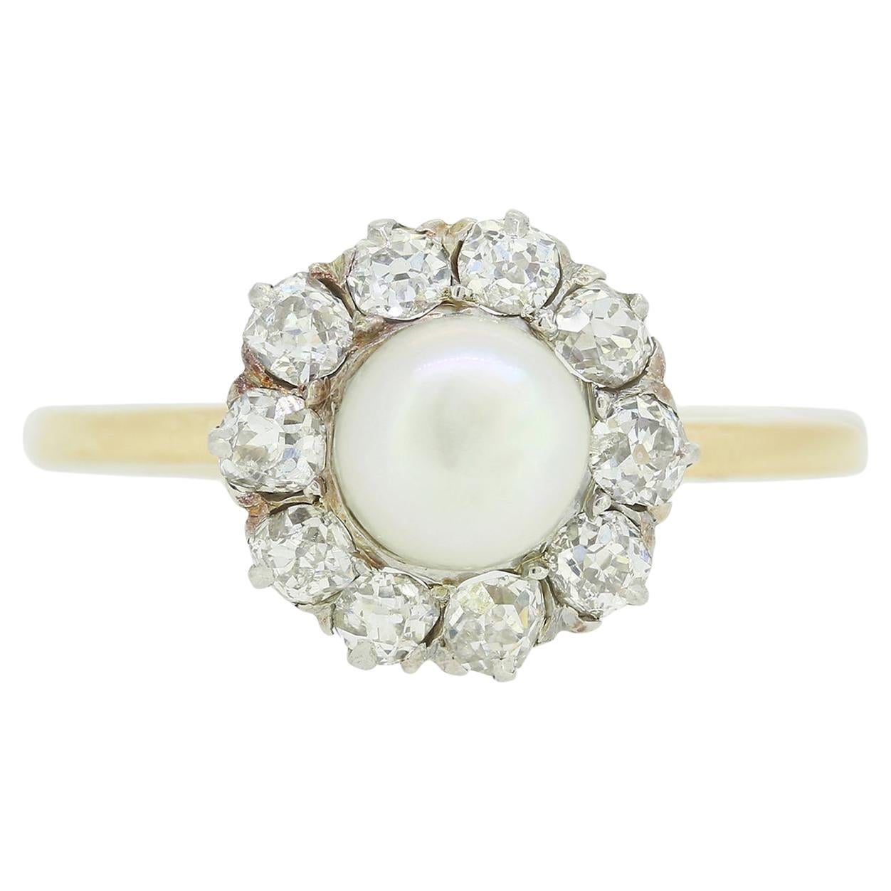 Victorian Natural Pearl and Diamond Cluster Ring