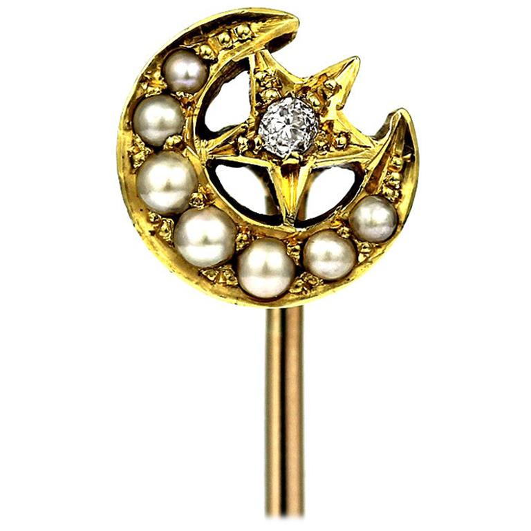 Victorian Natural Pearl and Diamond Crescent Moon and Star Stick/Tie Pin For Sale