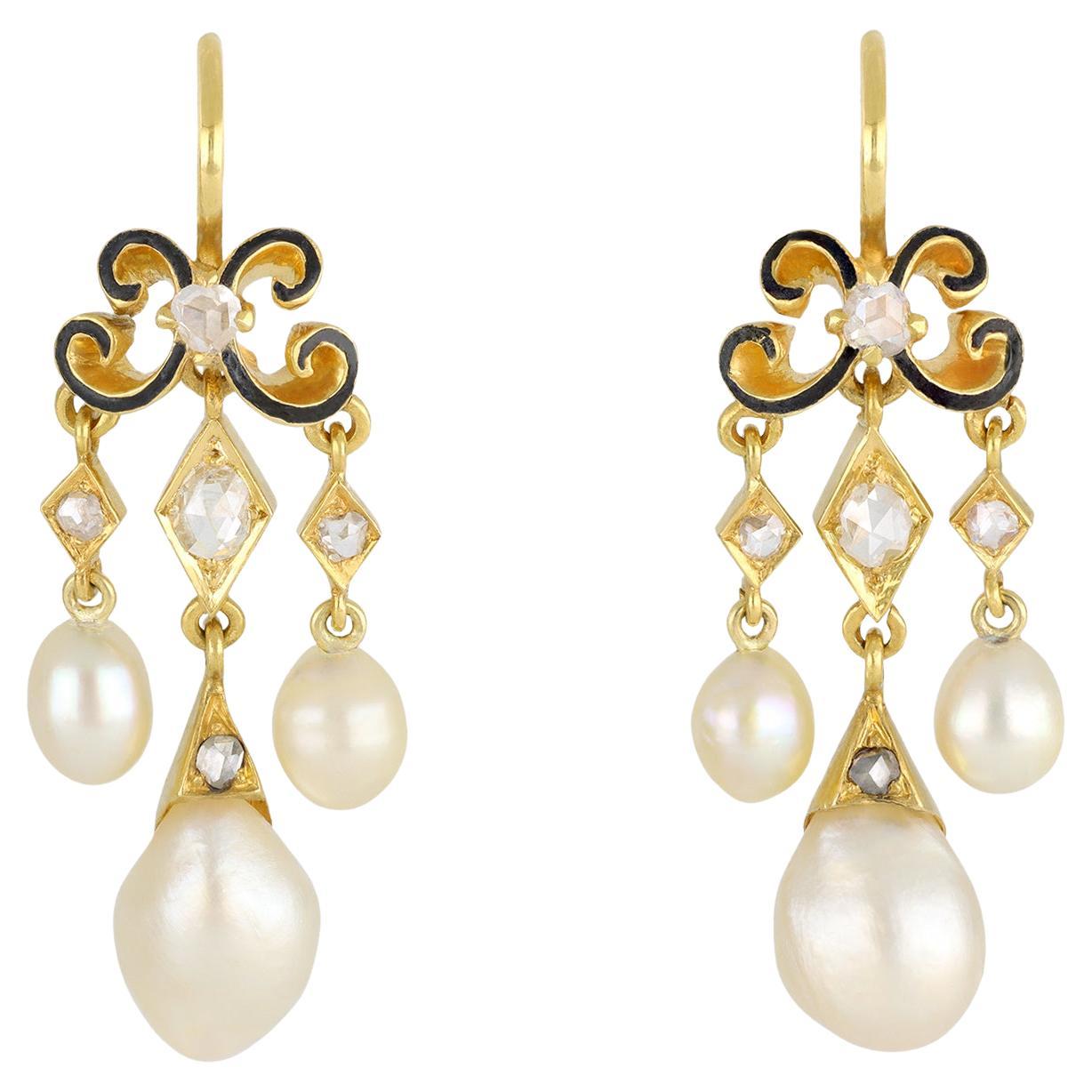 Victorian natural pearl and diamond drop earrings, circa 1870. For Sale