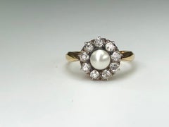 Victorian Natural Pearl and Diamond Flower Halo Cluster Ring