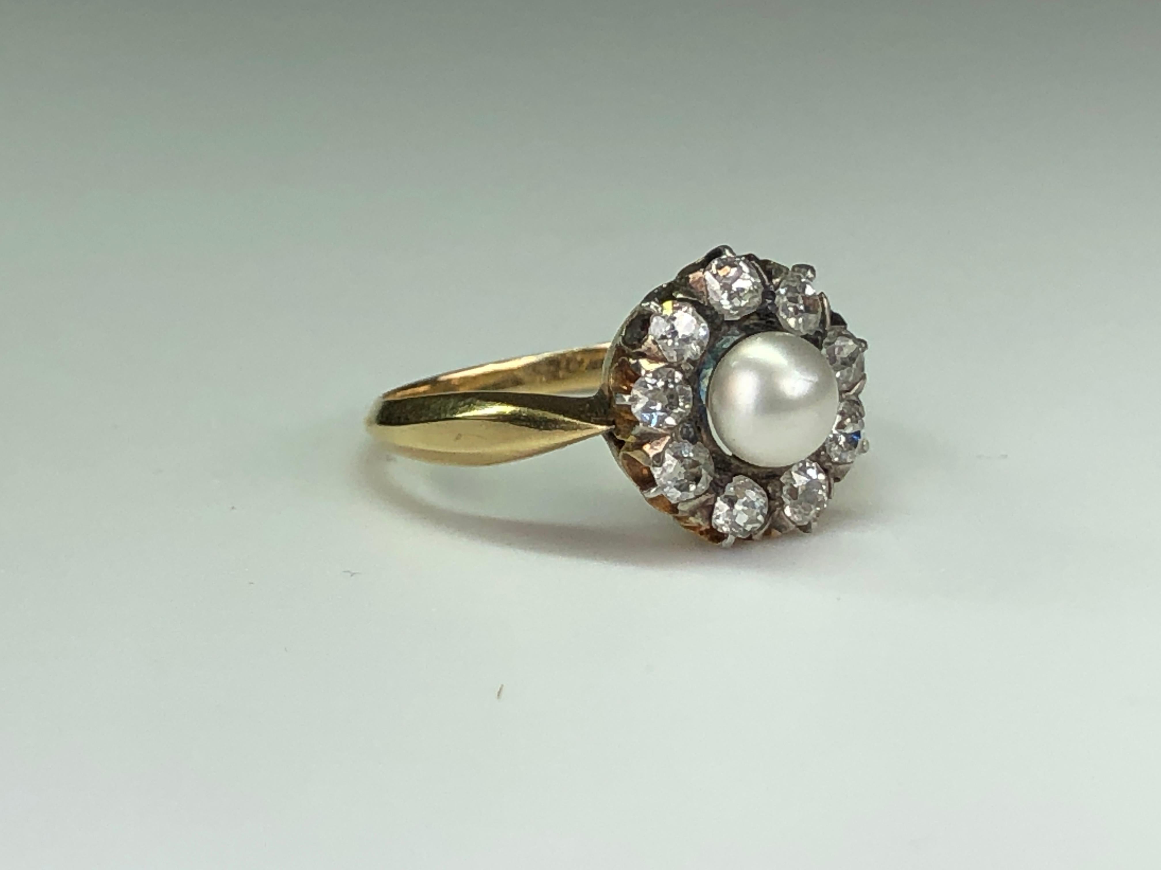 Late Victorian Victorian Natural Pearl and Diamond Flower Halo Cluster Ring For Sale
