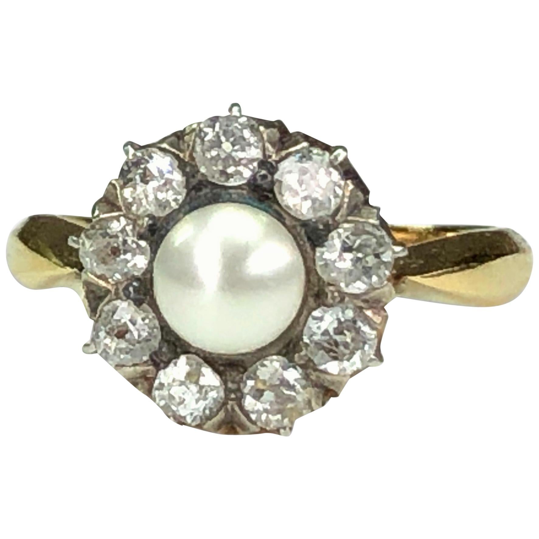 Victorian Natural Pearl and Diamond Flower Halo Cluster Ring For Sale