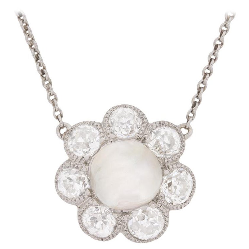 Victorian Natural Pearl and Diamond Flower Necklace, circa 1900s