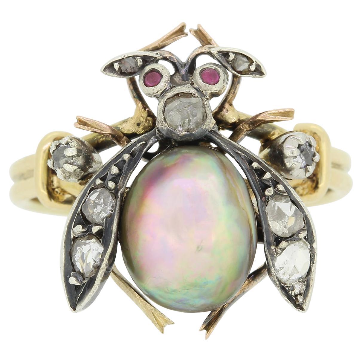 Victorian Natural Pearl and Diamond Fly Ring For Sale