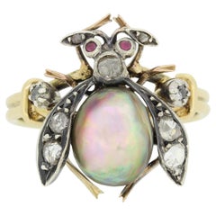 Antique Victorian Natural Pearl and Diamond Fly Ring