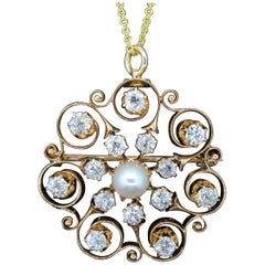 Antique Victorian Natural Pearl and Diamond Gold Pendant