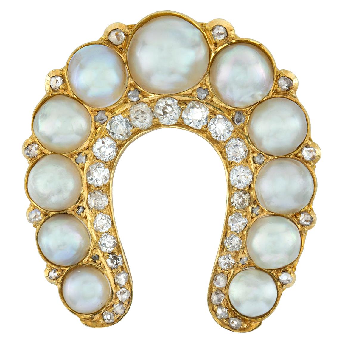 Victorian Natural Pearl and Diamond Horshoe Brooch or Pendant