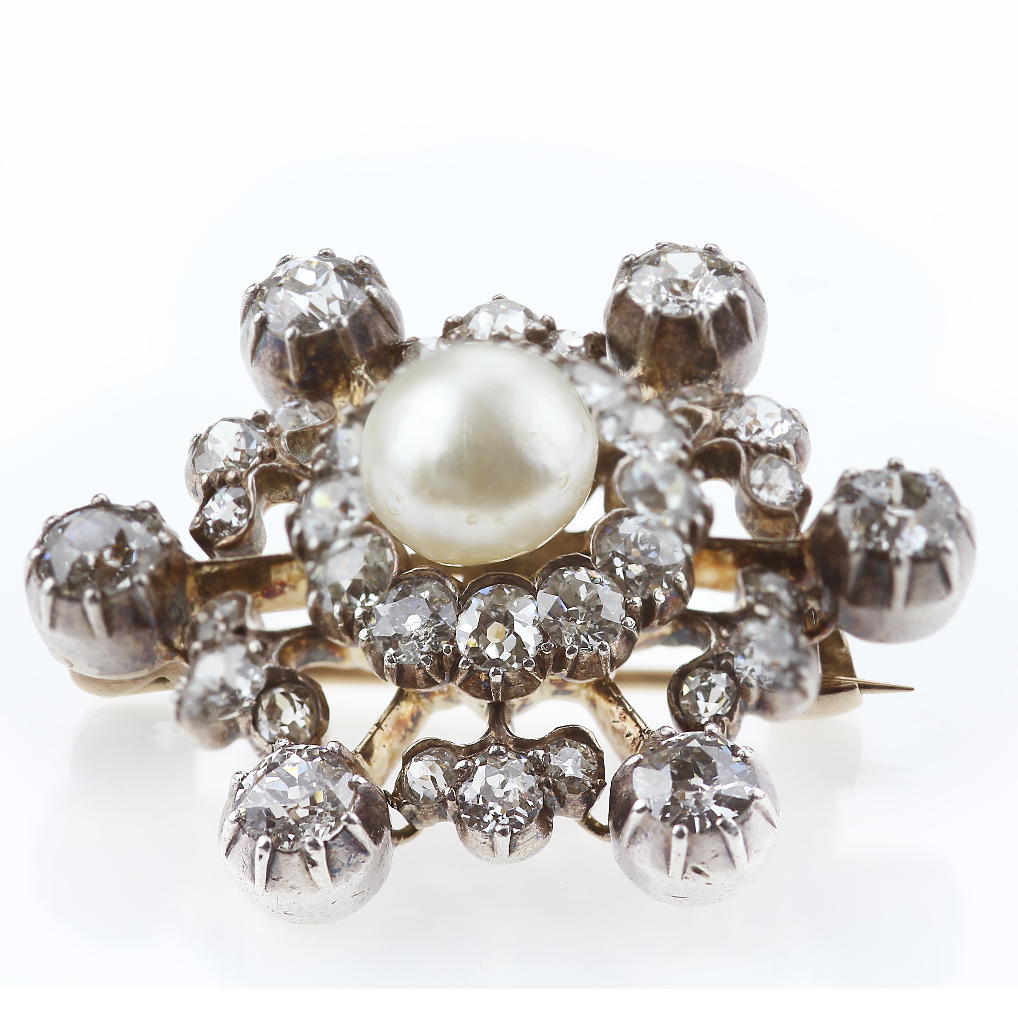 Victorian Natural Pearl and Diamond Snowflake Brooch Set in Gold and Silver 1