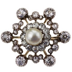 Victorian Natural Pearl and Diamond Snowflake Brooch Set in Gold and Silver