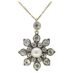 Viktorianische Sonnenblumen-Halskette aus Naturperlen und Diamanten