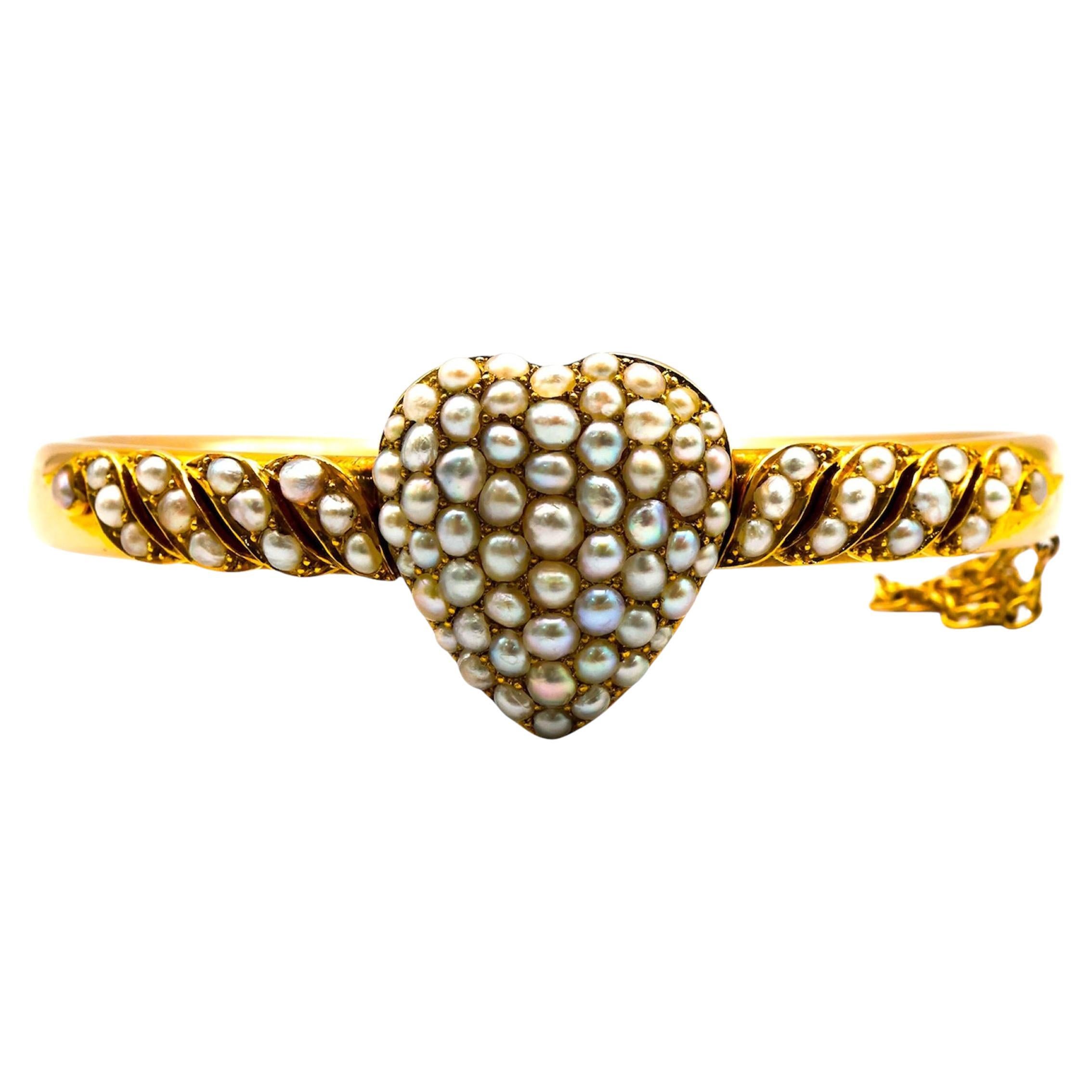 Victorian Natural Pearl and Gold Heart Bangle, Circa 1880
