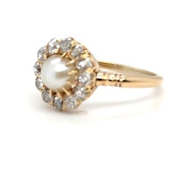 Victorian Natural Pearl and Old Cut Diamond Cluster Ring 18k Yellow Gold