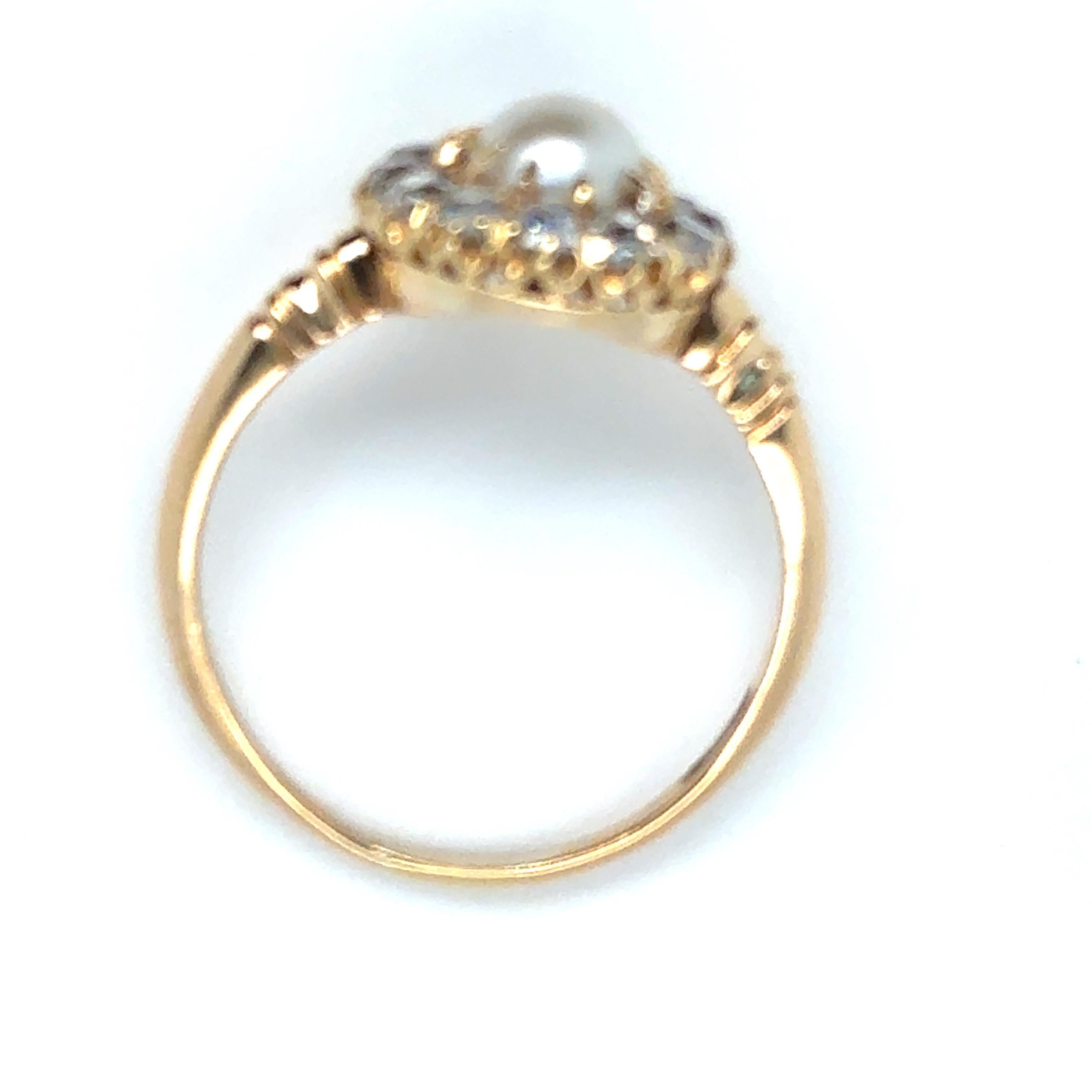 Cabochon Victorian Natural Pearl and Old Cut Diamond Cluster Ring 18k Yellow Gold For Sale